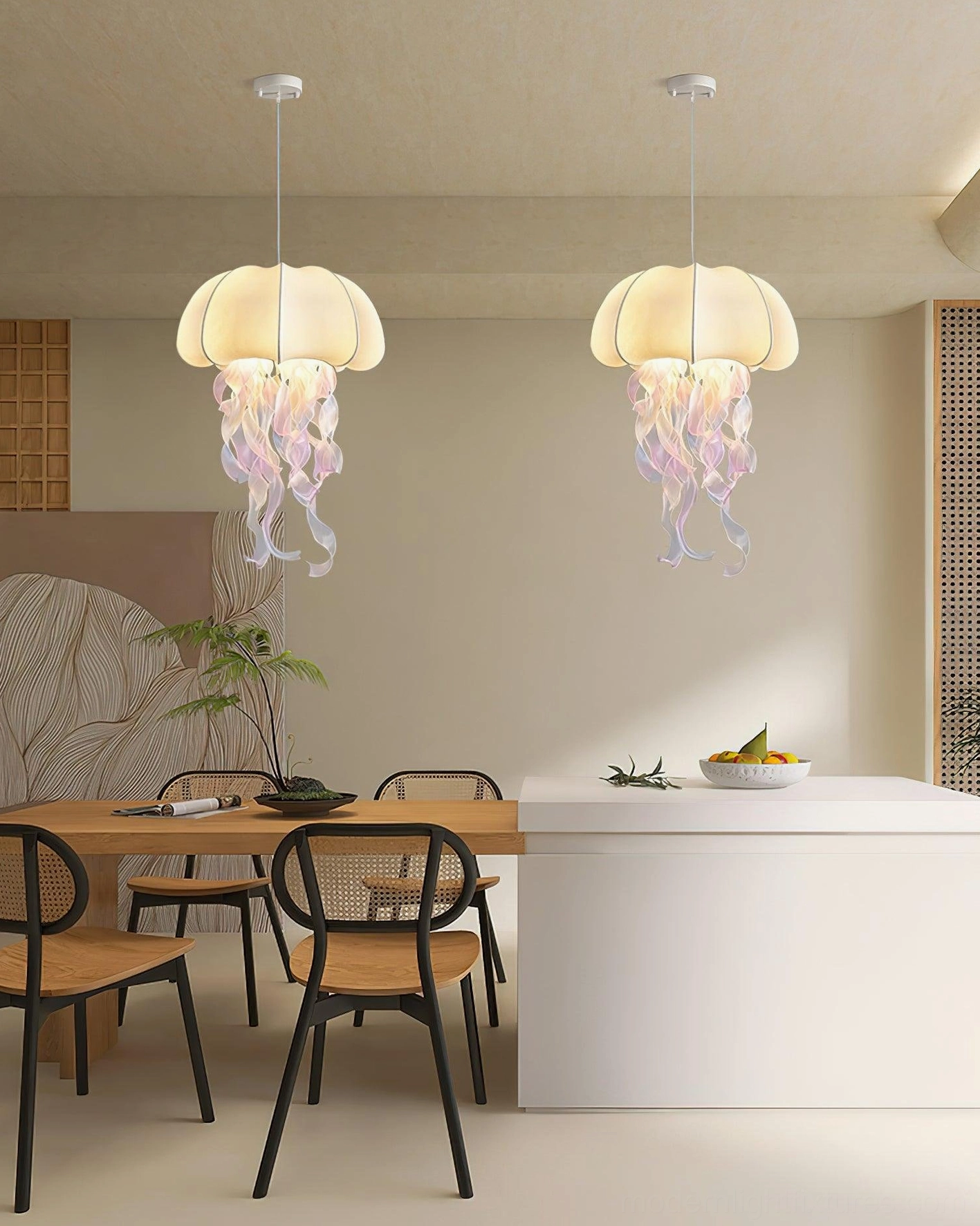 Pair of jellyfish pendant lights installed in modern dining room with minimalist warm home decor aesthetic