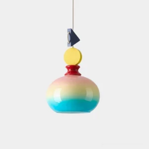 Jellytone gradient glass pendant light close-up showing tiered spherical design with vibrant color blocking and metallic hardware