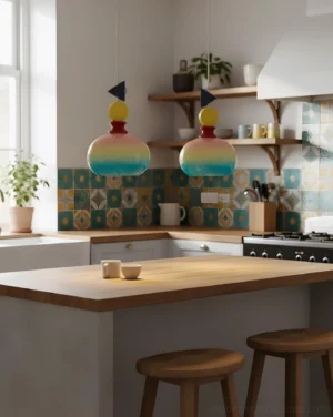 Modern kitchen with two Jellytone gradient glass pendant lights suspended above wooden island, playful bohemian home lighting
