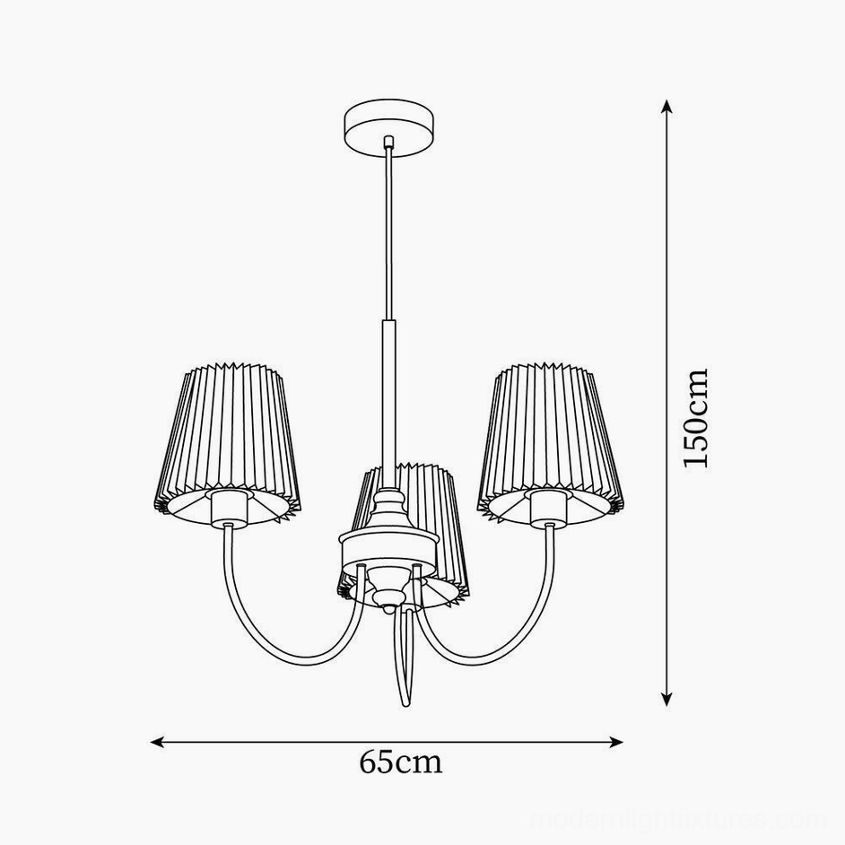 Jeremiah 3-head chandelier technical dimension drawing with measurements 150cm height and 65cm width