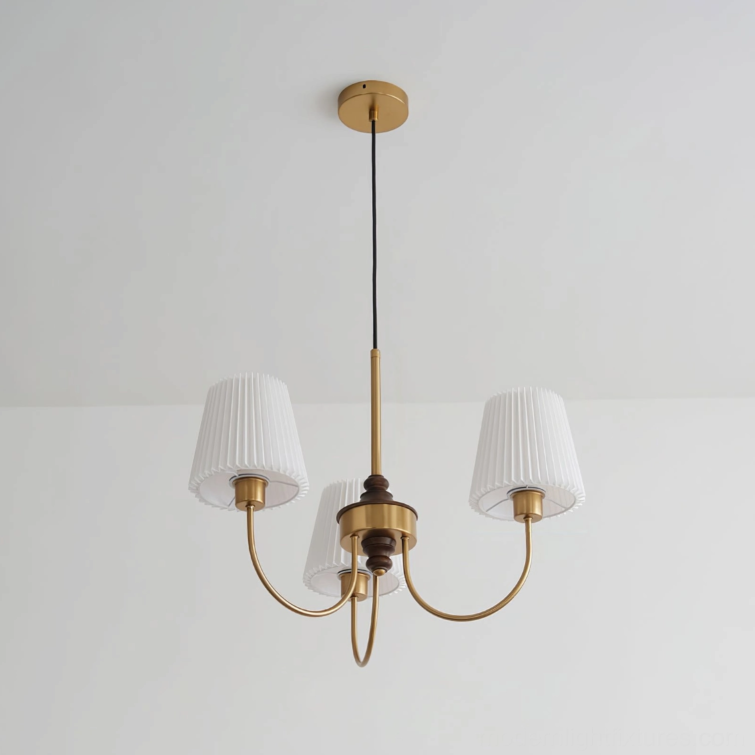 Jeremiah 3-light accent chandelier with gold metal frame, dark wood detail, and white pleated shades