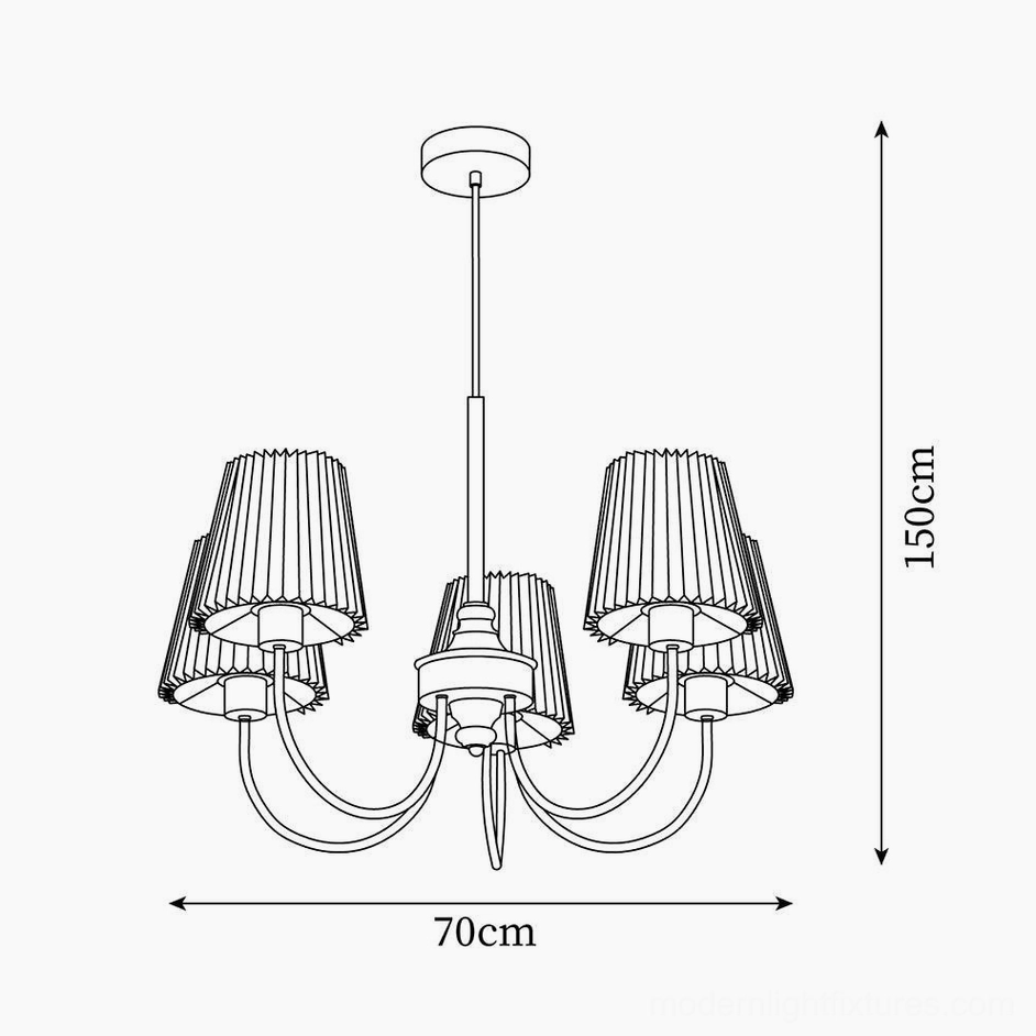 Jeremiah 5-head chandelier technical sketch showing top-down view with 150cm height and 70cm diameter dimensions