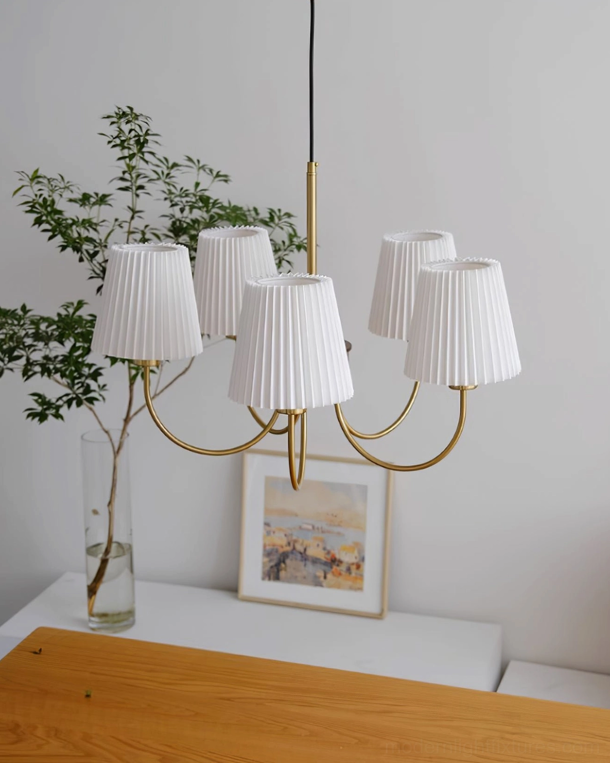 Jeremiah mid-century modern chandelier with brass finish and warm-toned fabric shades