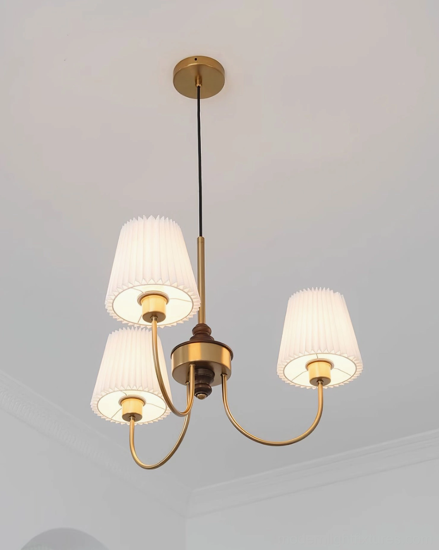 Jeremiah mid-century pendant light with curved metal arms and pleated shade aesthetic