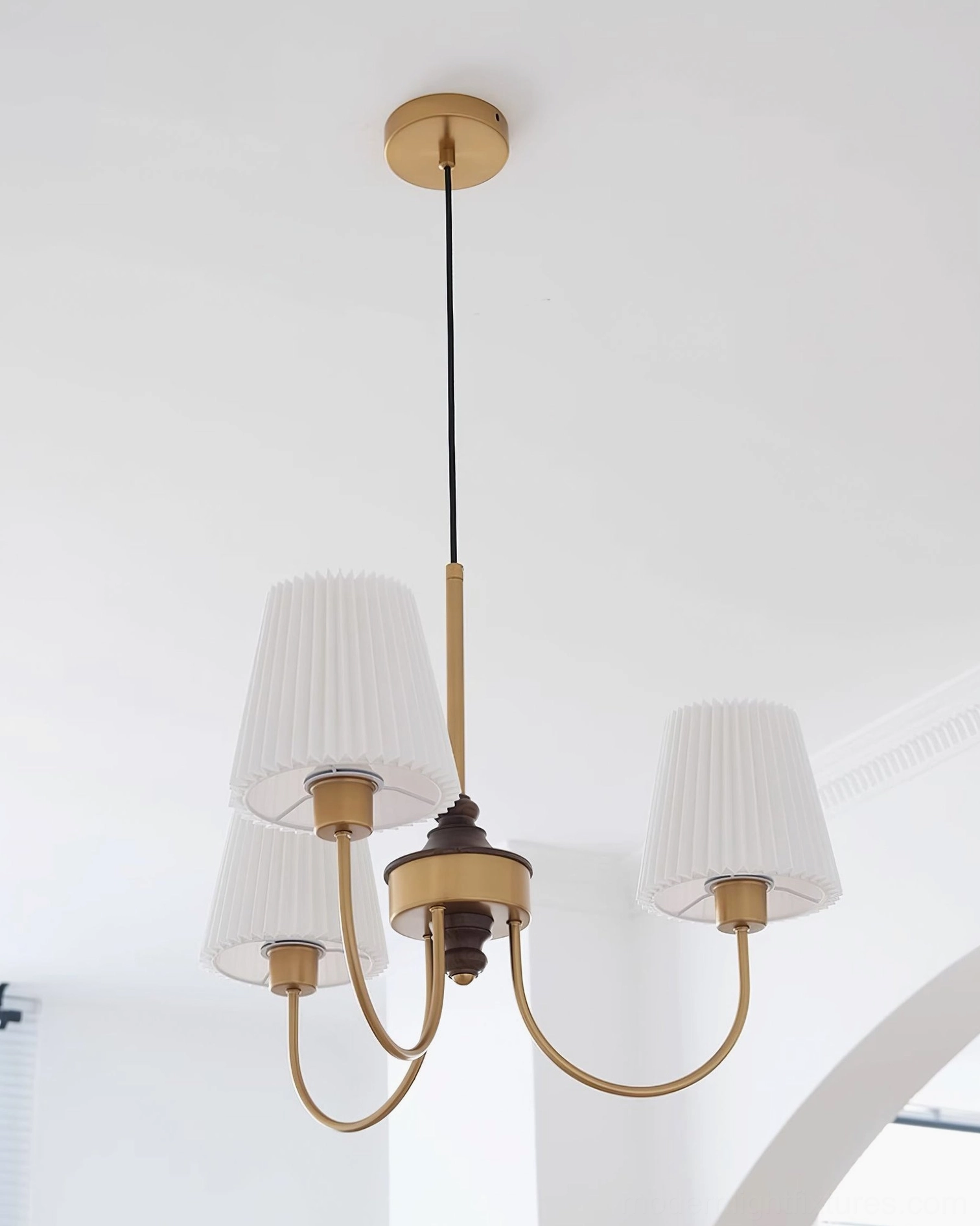 Jeremiah modern pendant chandelier with sculptural metal arms and fabric shade details