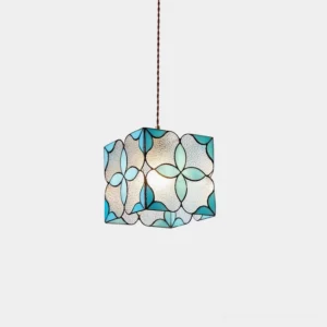Jewel stained glass pendant light front view - vintage Tiffany style blue floral cube pendant with brass fixture on white background