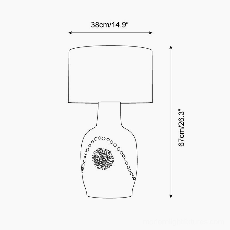Technical specification drawing of Jordyn table lamp showing dimensions 67cm height and 38cm diameter