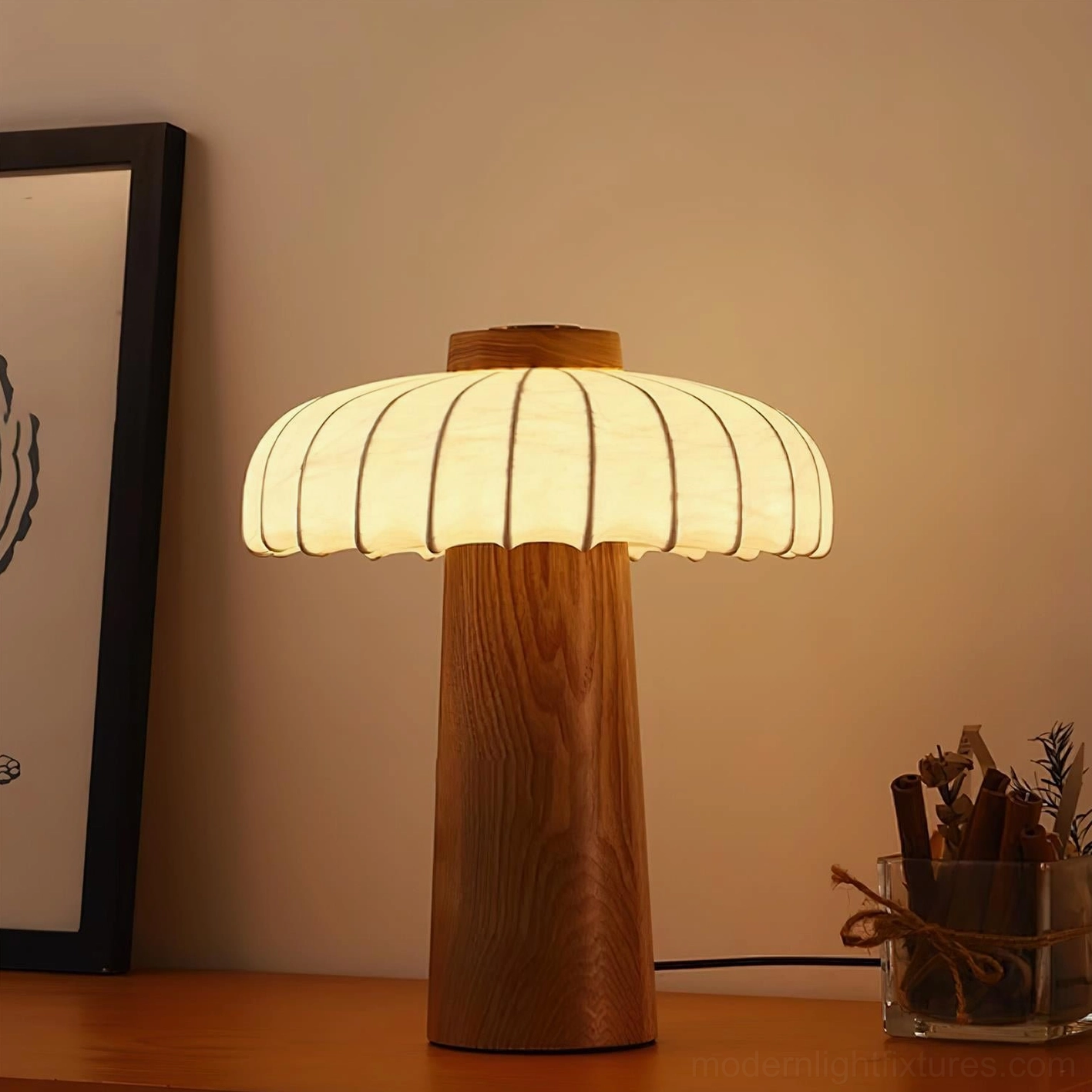 Juego mushroom table lamp design detail showing organic form and fabric shade construction