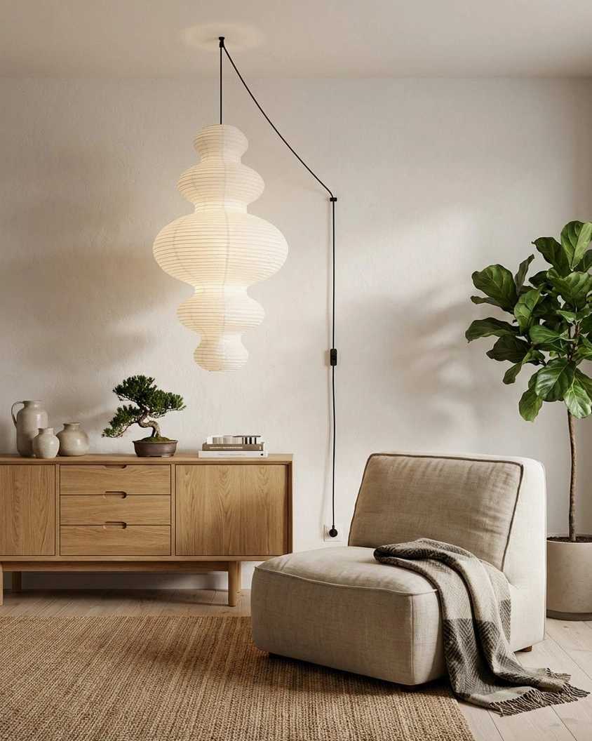 Juni plug-in pendant lamp glowing softly in bohemian styled interior space
