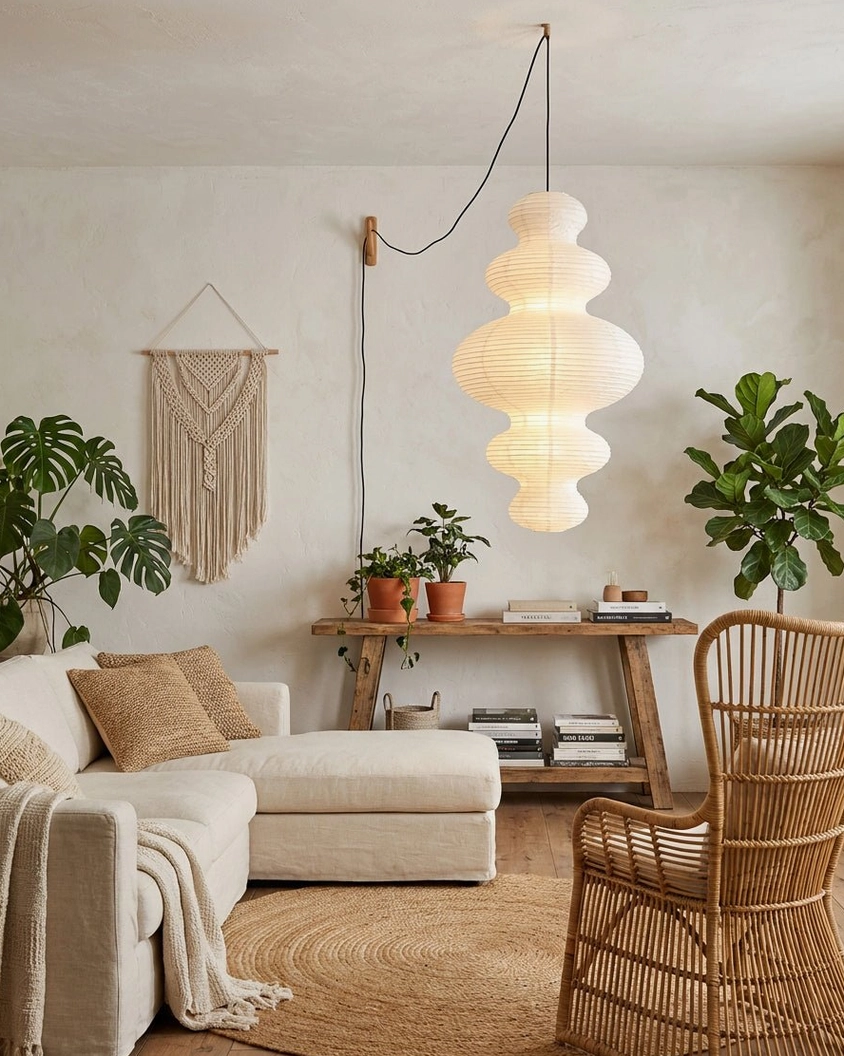 Juni paper pendant lamp illuminated in bohemian living room with natural decor
