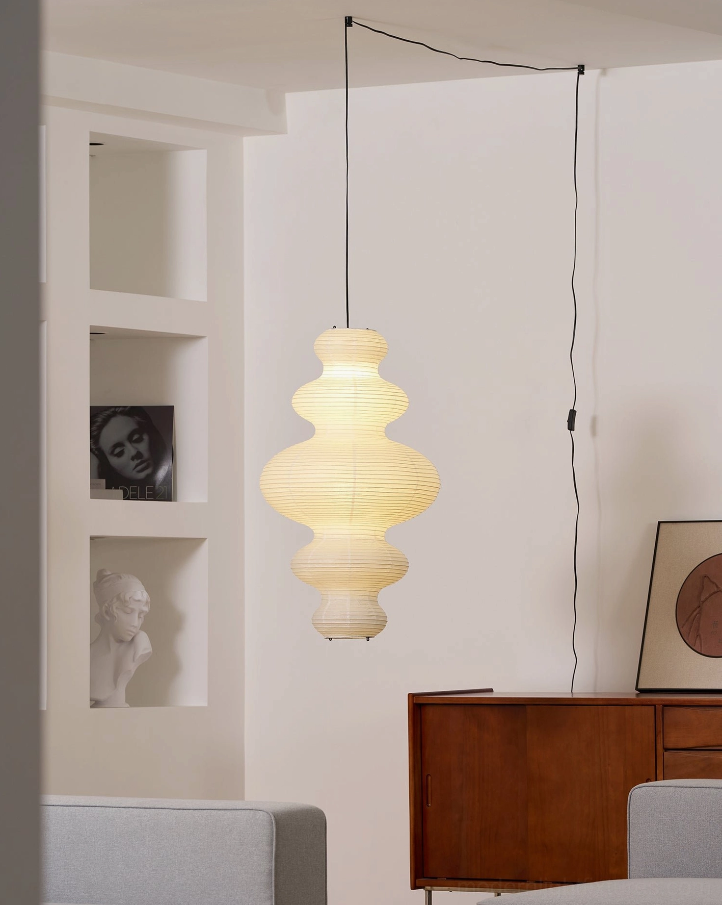 Juni pendant lamp full product view - white rice paper shade with visible frame