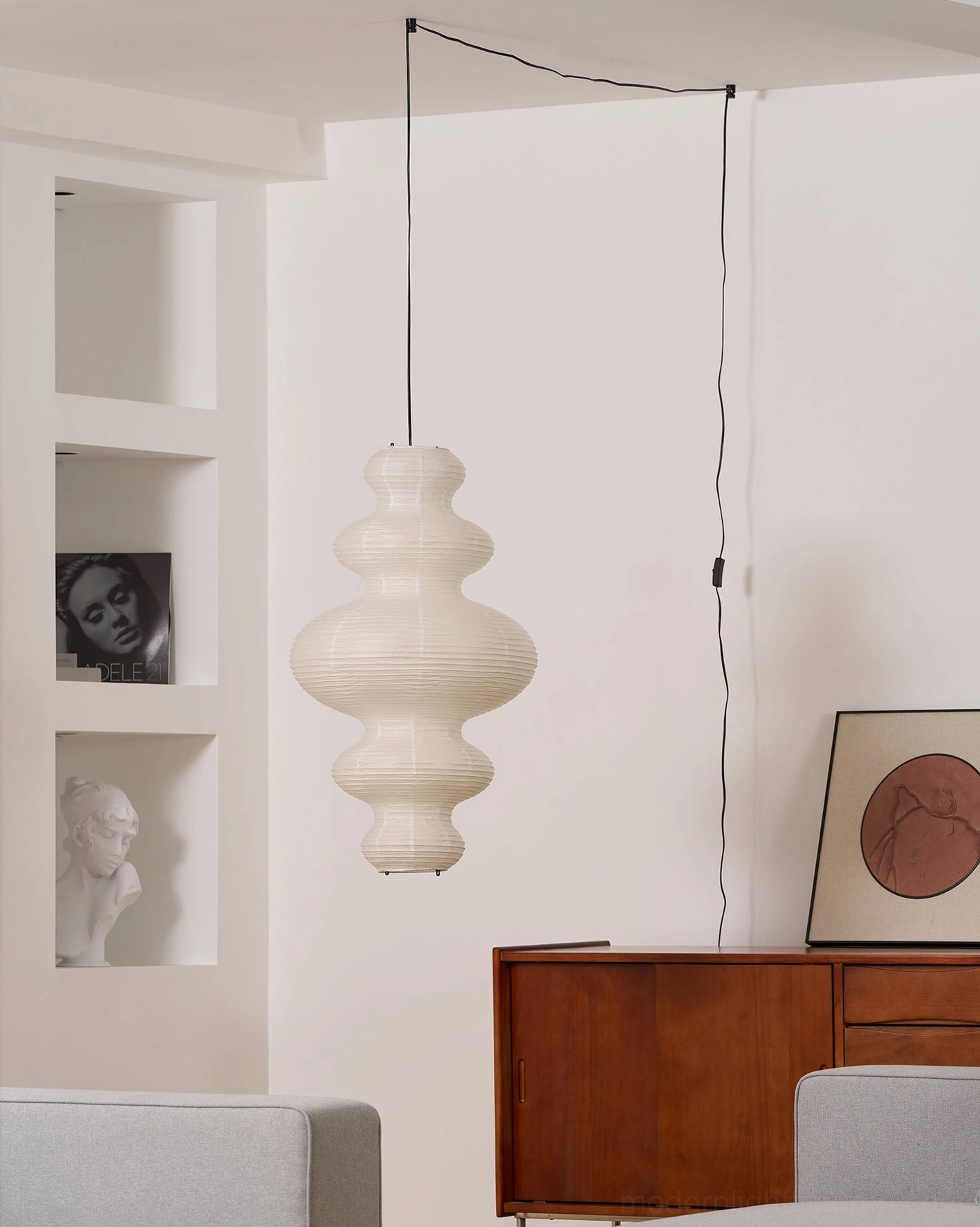 Juni hand-crafted paper pendant lamp detail - bamboo silk frame and rice paper construction