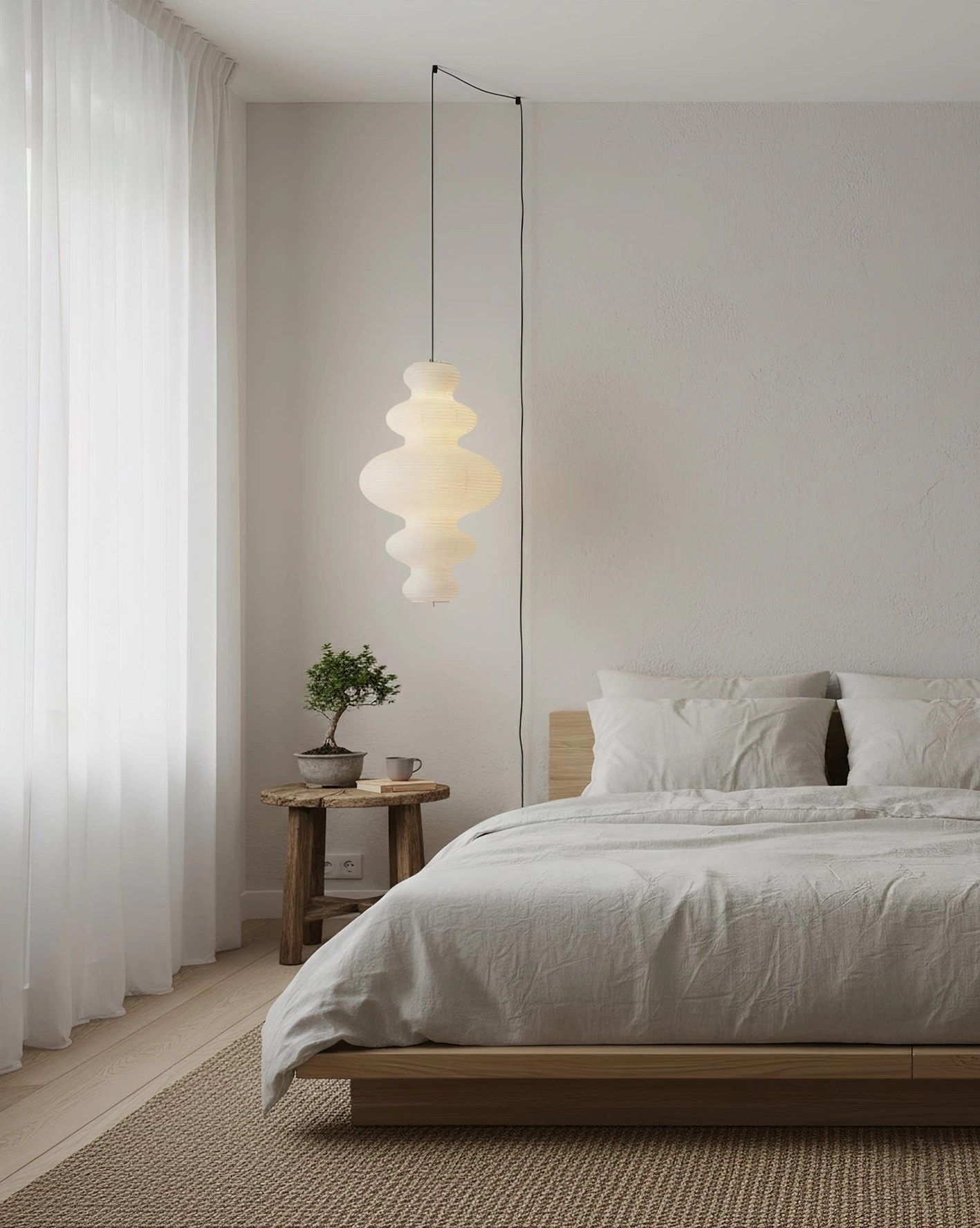 Juni pendant light installed in contemporary interior - sculptural rice paper design