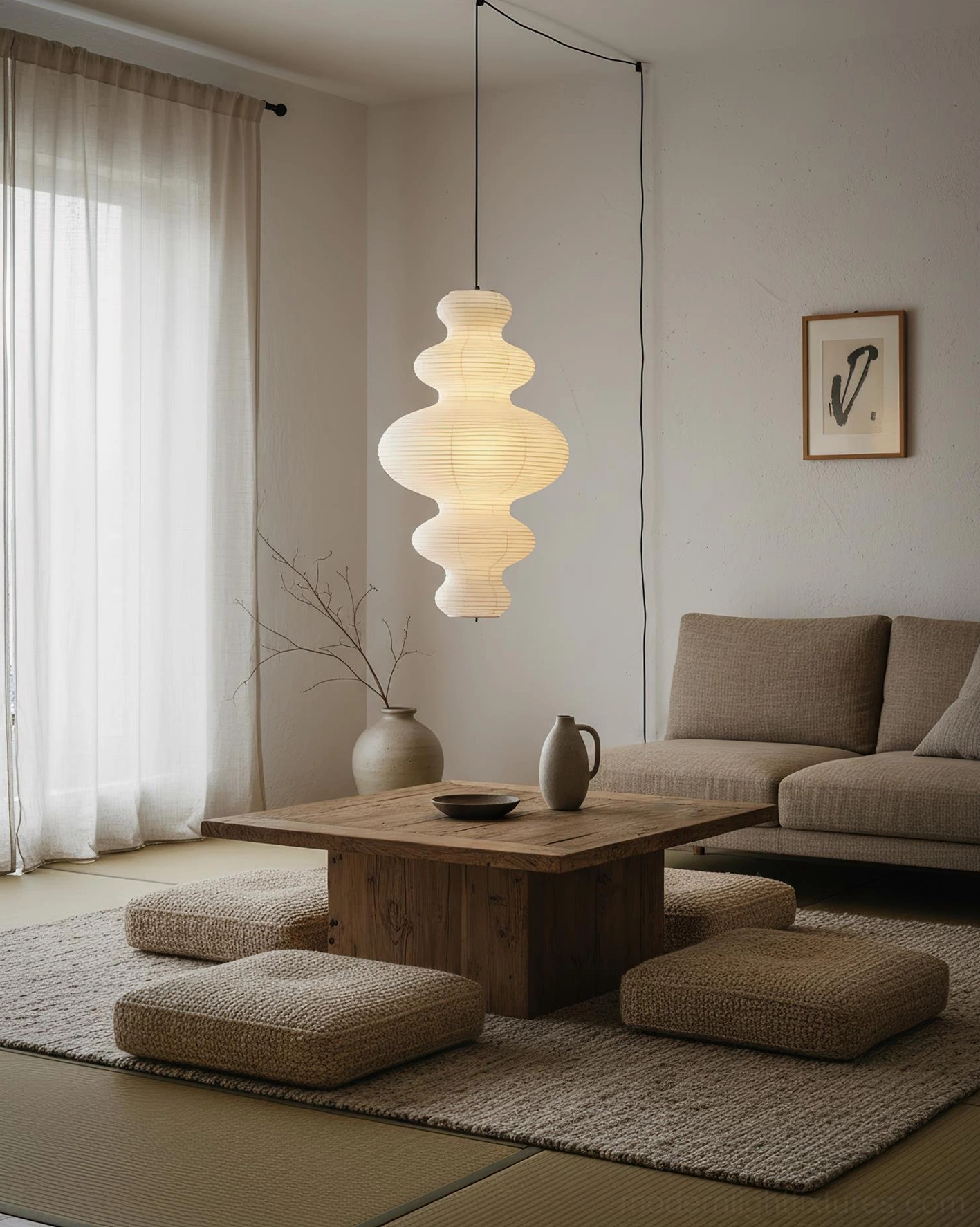 Juni plug-in pendant lamp in minimalist Japanese tatami room - wabi-sabi aesthetic with warm light