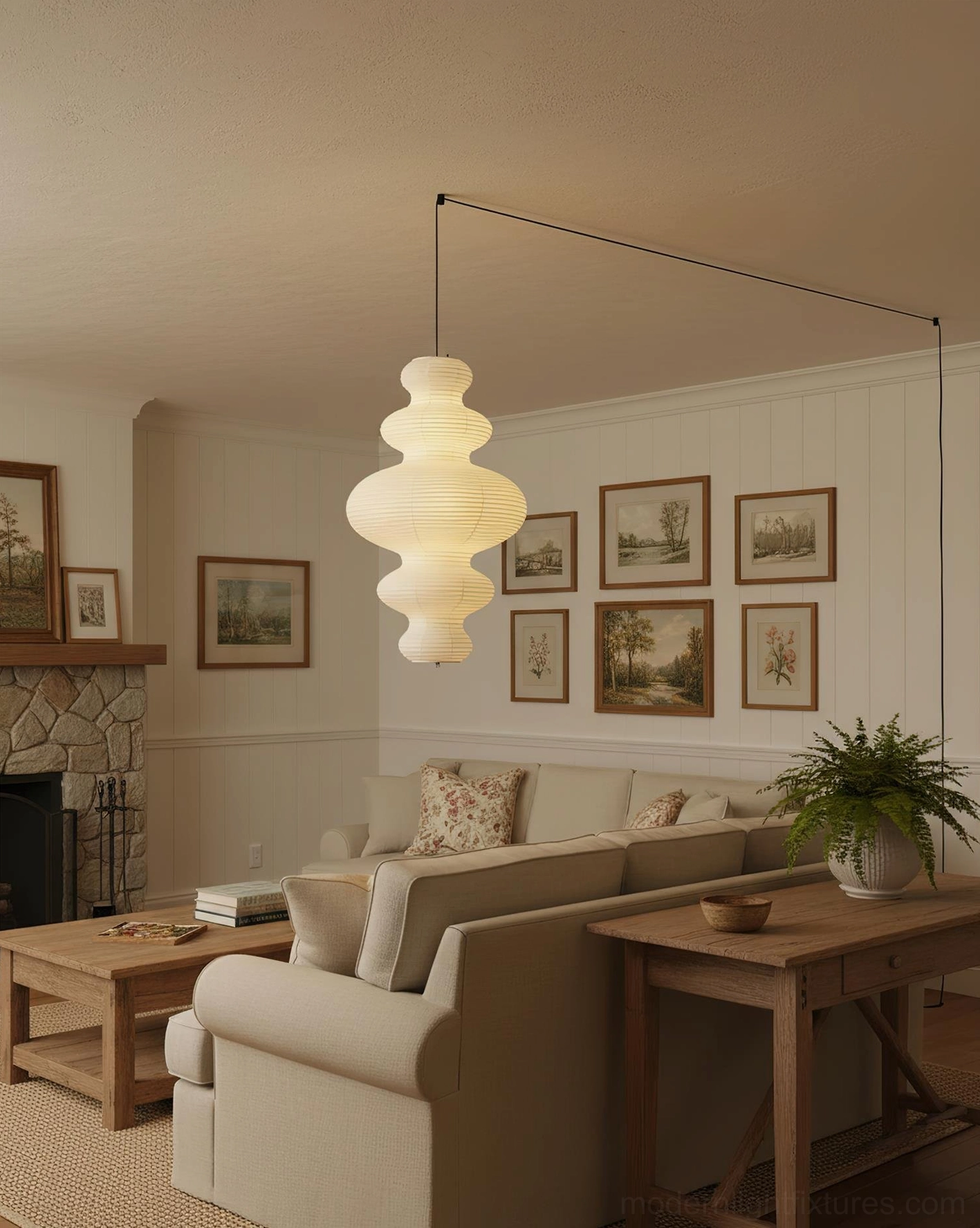 Juni plug-in pendant lamp wide shot - minimalist room with warm ambient lighting