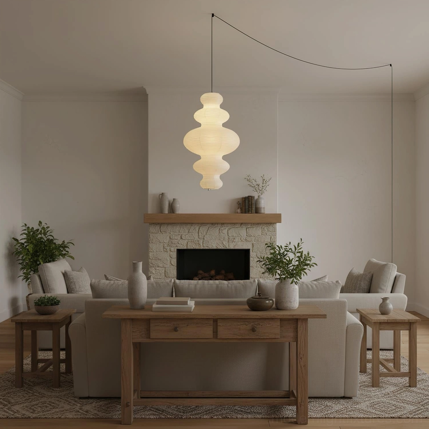 Juni paper pendant light hanging in modern interior - sculptural form and soft illumination