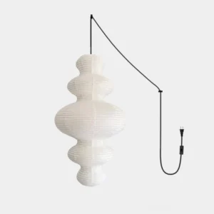 Juni plug-in pendant lamp with white ribbed rice paper shade on white background - modern minimalist lighting fixture