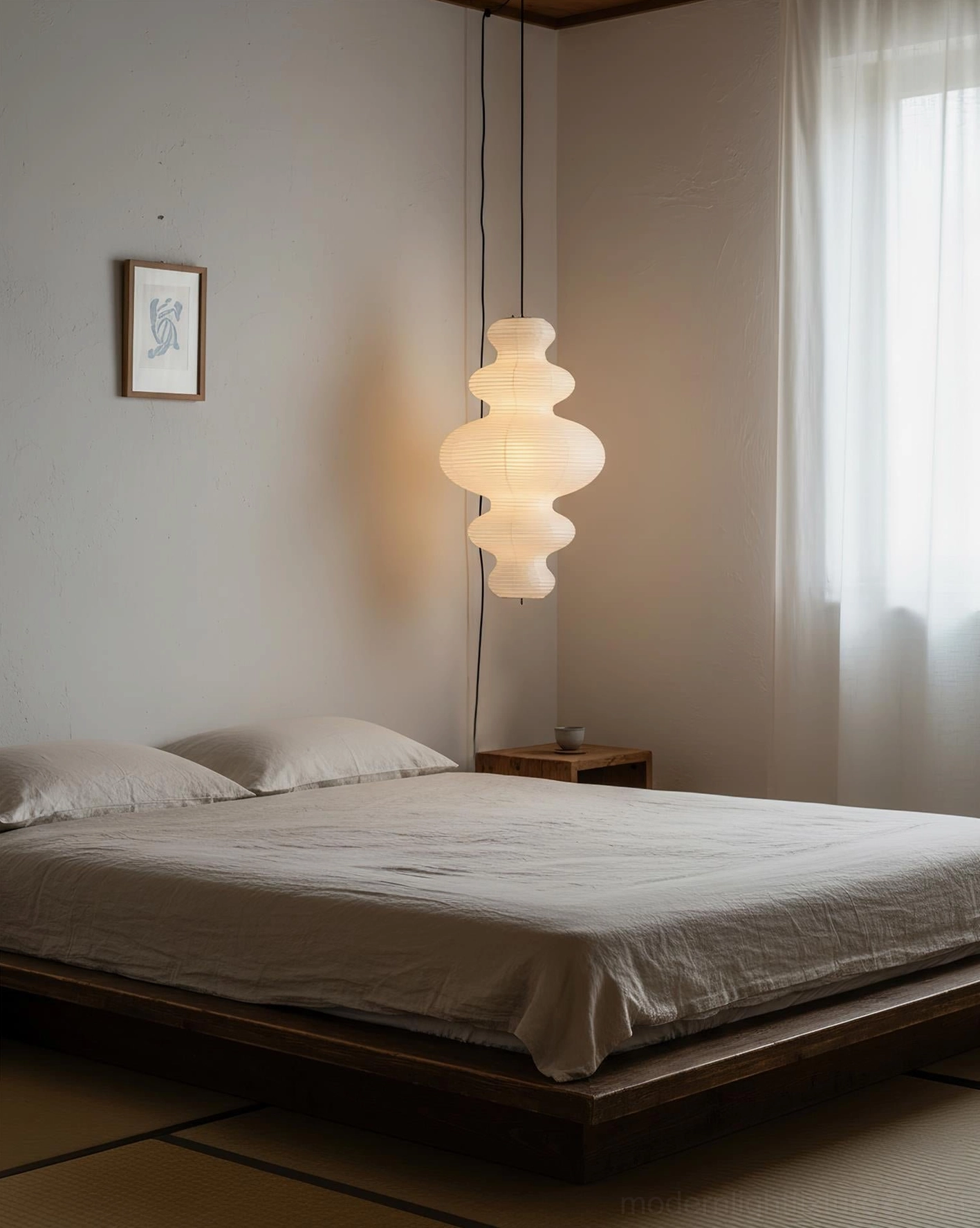 Juni paper pendant lamp detail view showing rice paper texture and bamboo frame construction