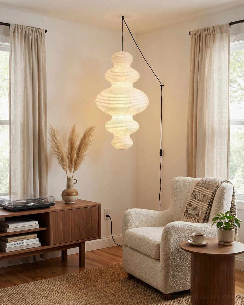 Juni pendant light hanging in modern minimalist living room beside sheer curtains