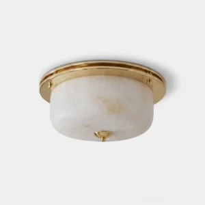 Justice alabaster flush mount ceiling light with natural stone dome and polished brass ring—front product view