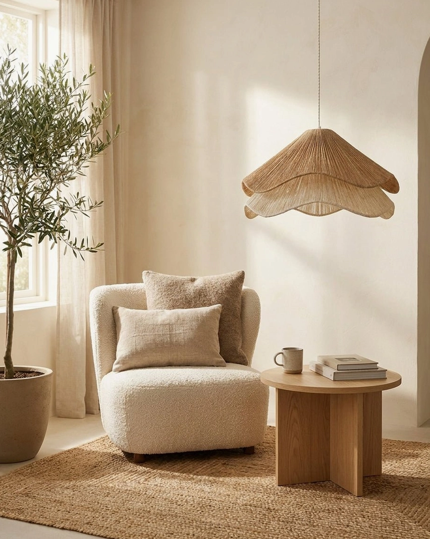 Handwoven jute-cord pendant light detail showing scalloped petal tiers, textured natural fiber weave close-up