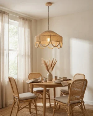 Hand-woven jute rope pendant light in Nordic minimalist dining room with wicker chairs and warm neutral palette, interior design photography