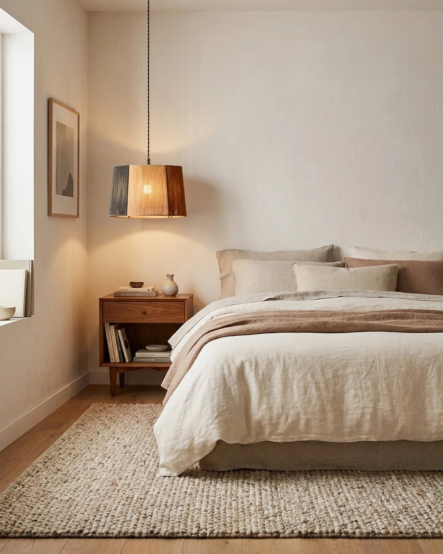 Natural jute rope pendant light hanging in a warm bedroom interior, soft ambient glow through woven shade, bedside lighting scene