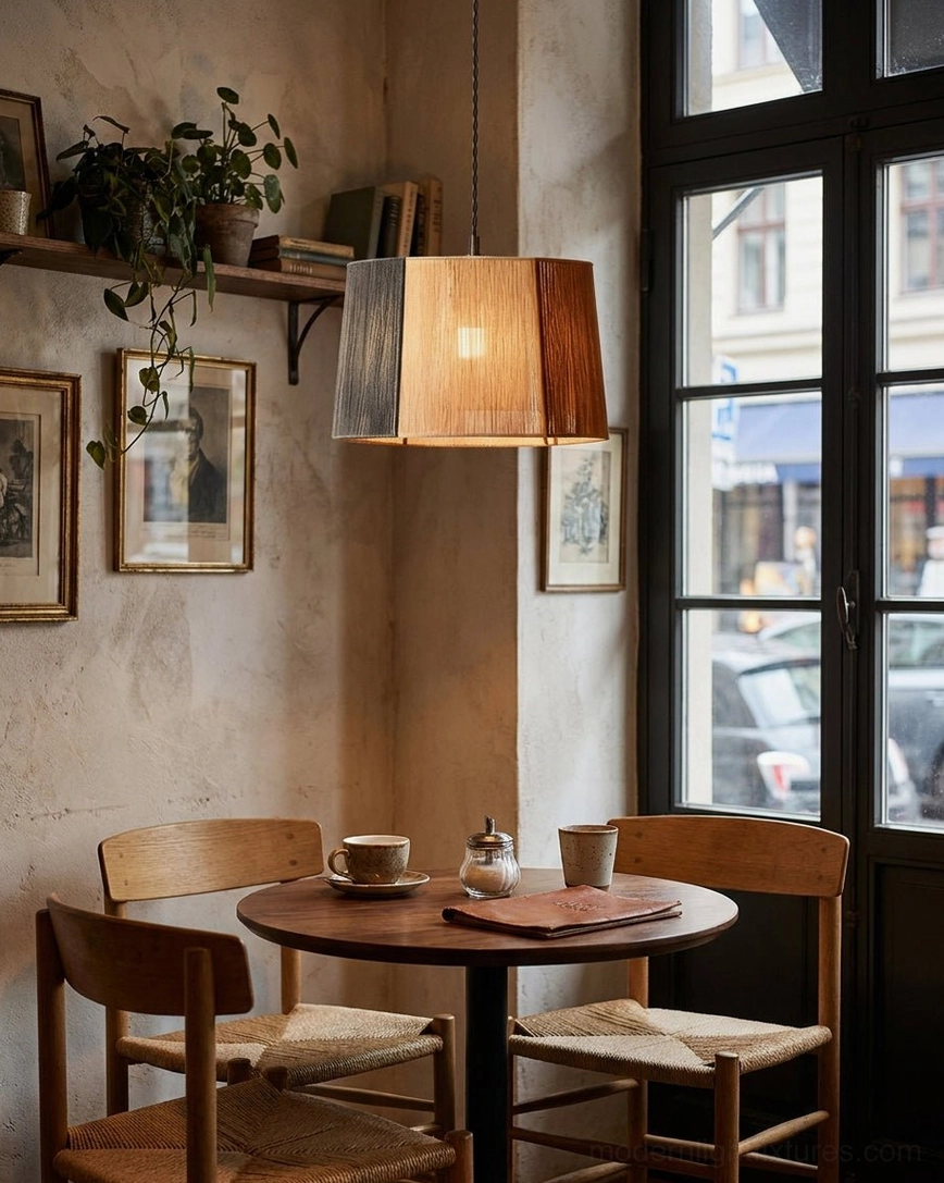 Natural fiber jute rope pendant light in Parisian-style cafe dining nook, casual home dining with gallery wall decor