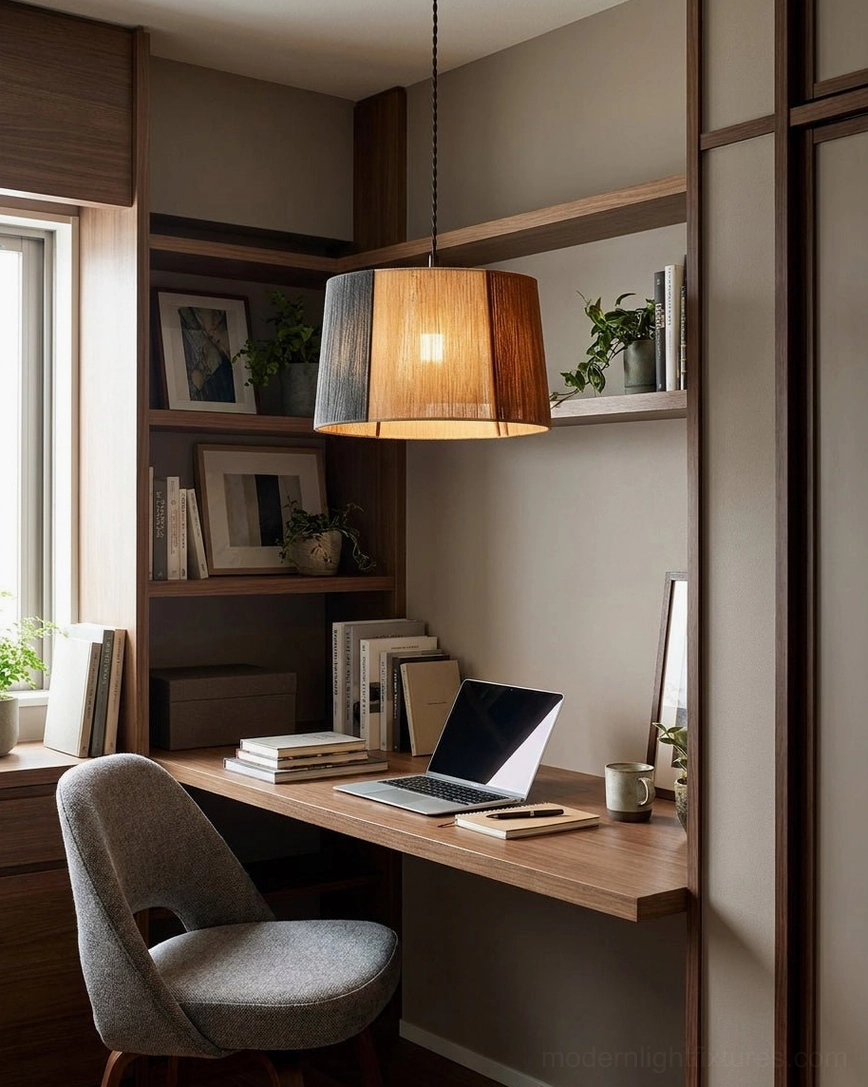 Natural jute rope pendant fixture above home office workspace with wooden desk and bookshelves, warm ambient work lighting