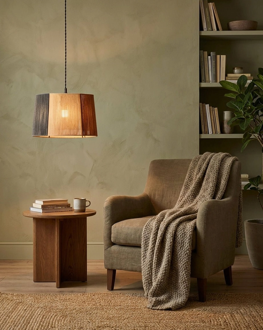 Tri-tone rope drum pendant in cozy reading corner with armchair and knitted throw, warm boho minimalist ambiance