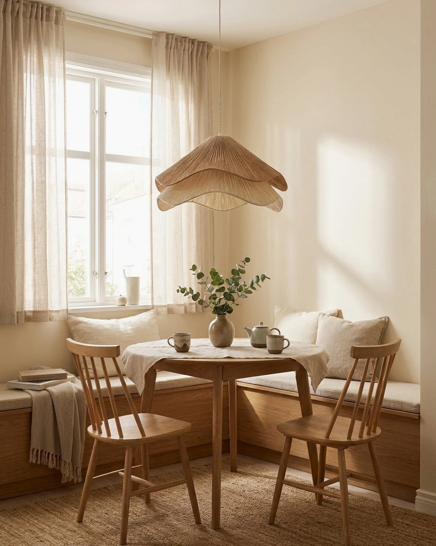 Handwoven jute scalloped pendant light in breakfast nook by window, warm 2700K ambient glow, Nordic minimalist style