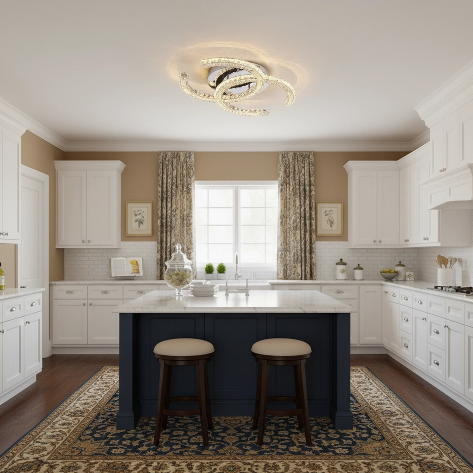 K9 crystal flush mount ceiling light in hallway and entryway application, accent lighting