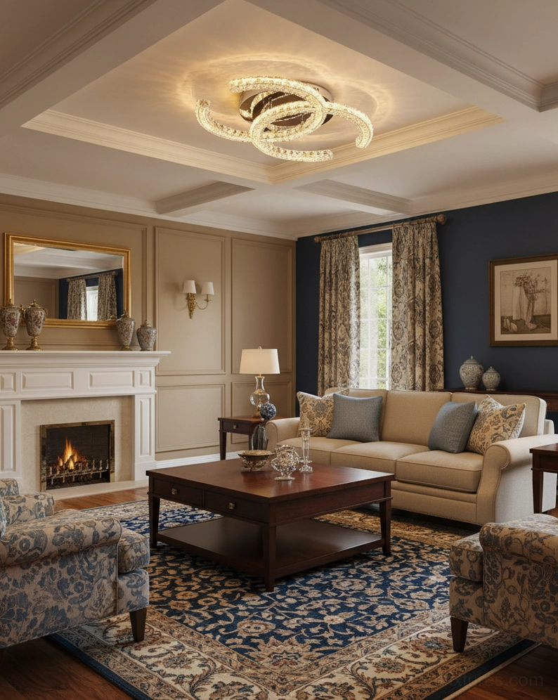Chrome flush mount crystal ceiling light in formal living room with fireplace and traditional decor