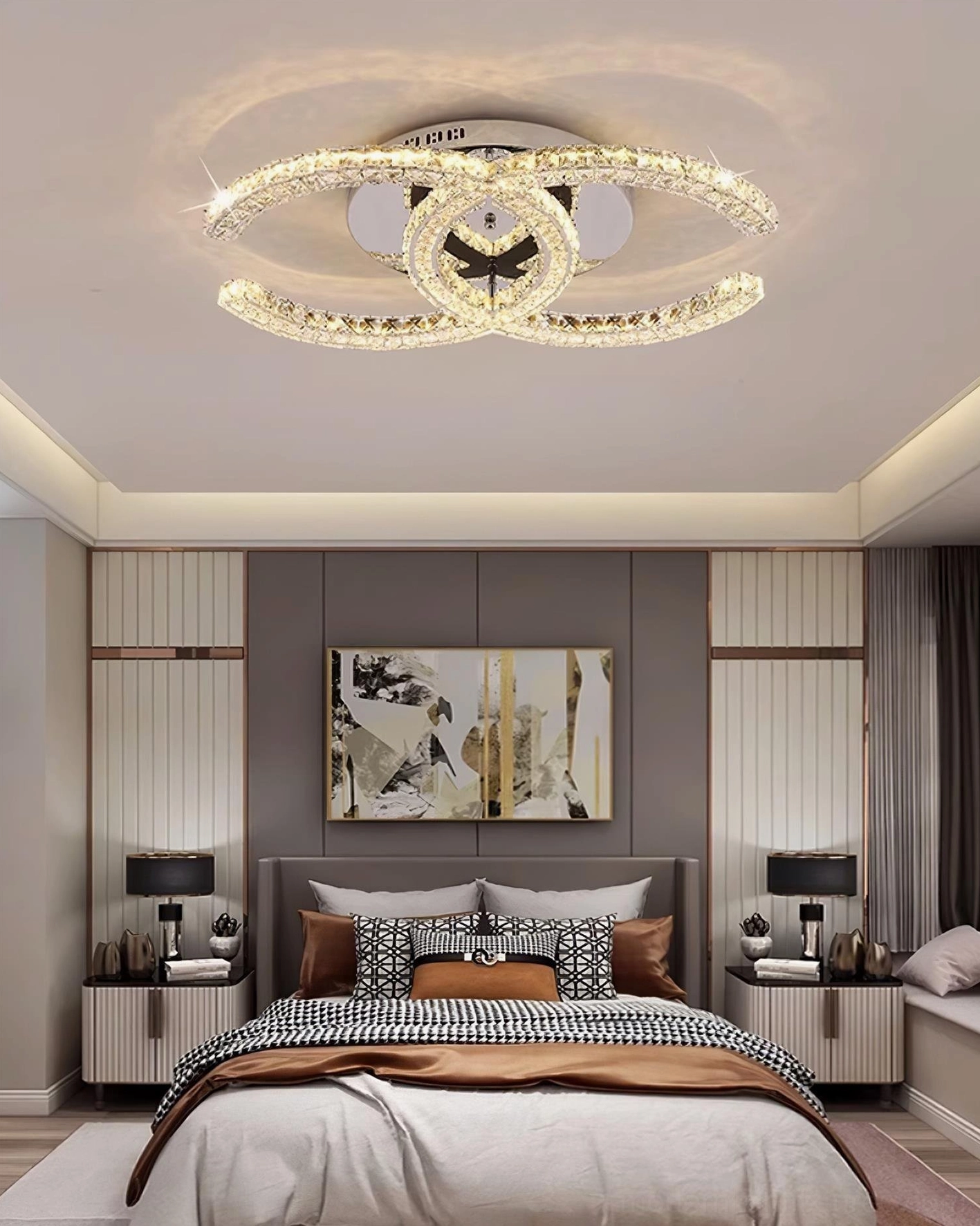 Multiple K9 crystal ceiling light sizes displayed, various diameter and height options