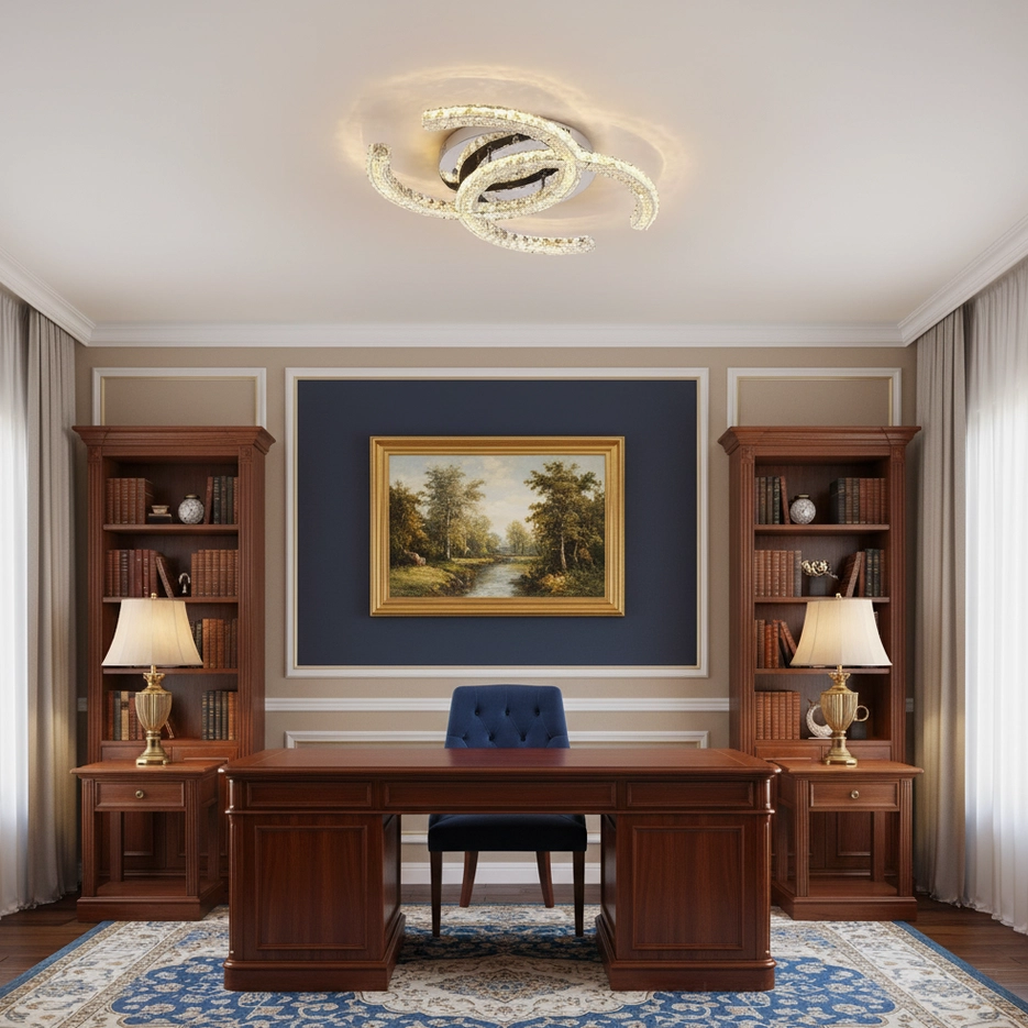 K9 crystal flush mount ceiling light with integrated LED installed in classic American study room, warm white lighting