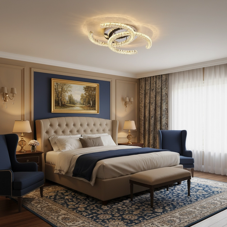 Modern K9 crystal flush mount light in master bedroom above tufted bed, contemporary ceiling lighting