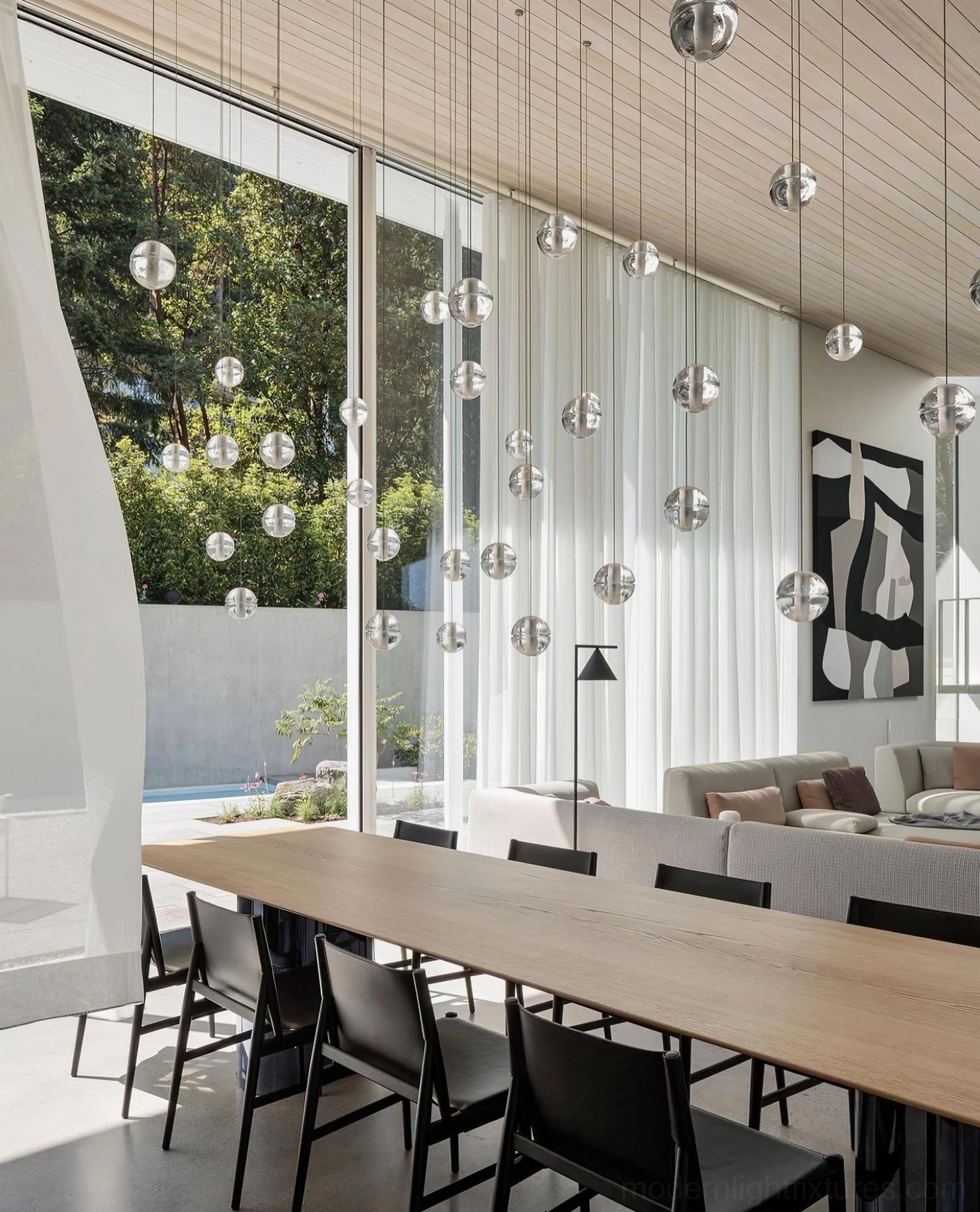 K9 crystal multi-head pendant light fixture demonstrating scalability from 3 to 50 heads