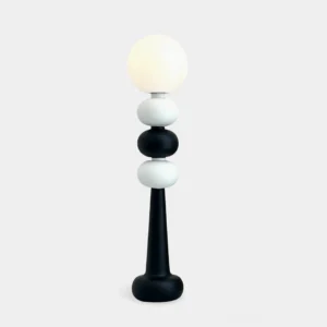 Kabin modern geometric floor lamp with stacked black and white spheres, frosted acrylic globe shade, studio isolated view