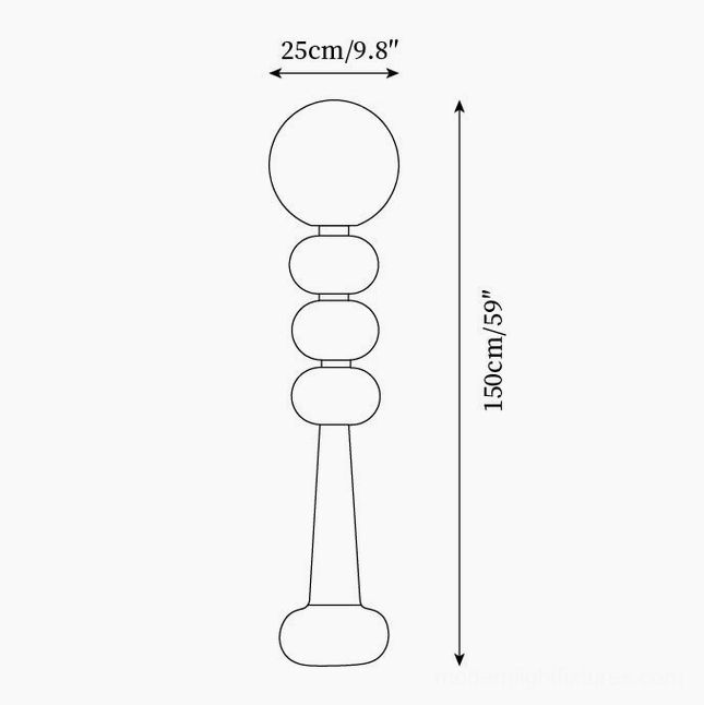 Kabin floor lamp technical dimension drawing, orthographic sketch showing 150cm height and 25cm base width specifications