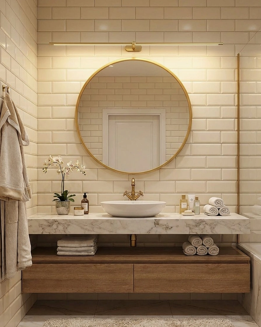Kady Linear wireless wall light above bathroom mirror in modern subway tile bathroom, gold finish accent lighting