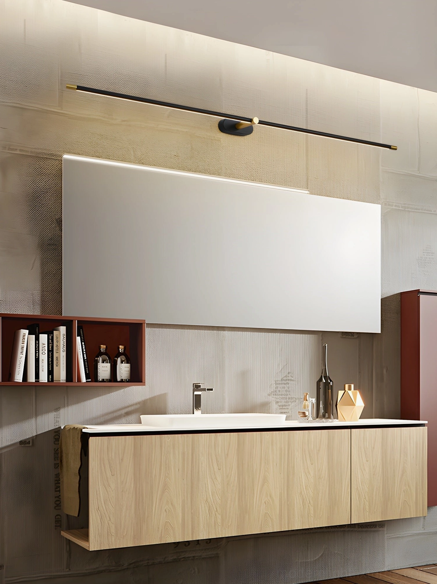 Kady Linear wireless wall lamp mounted behind sofa showing soft ambient light distribution and furniture integration