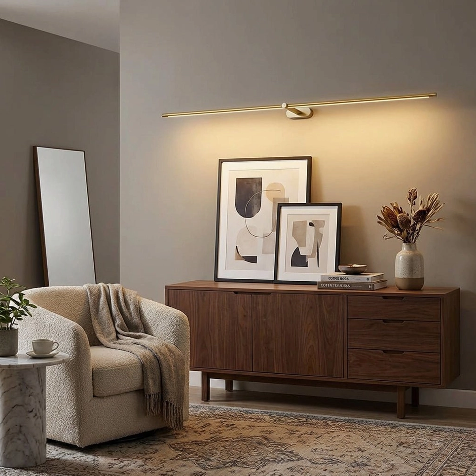 Kady Linear USB-rechargeable LED wall sconce detail view showing slim profile, brush nickel finish and mounting hardware