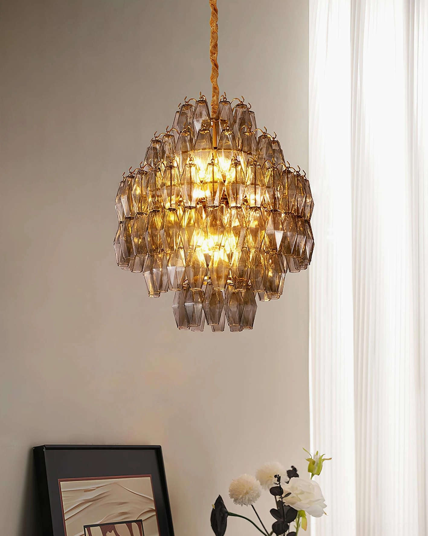 Modern tiered glass chandelier suspension, chain hanging mechanism with faceted prism layers