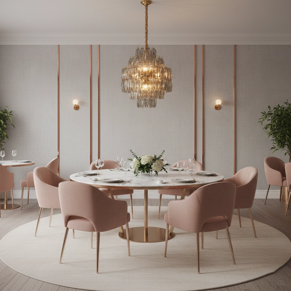 Tiered amber glass chandelier suspended in formal neutral dining room, wide room view contemporary glam lighting fixture
