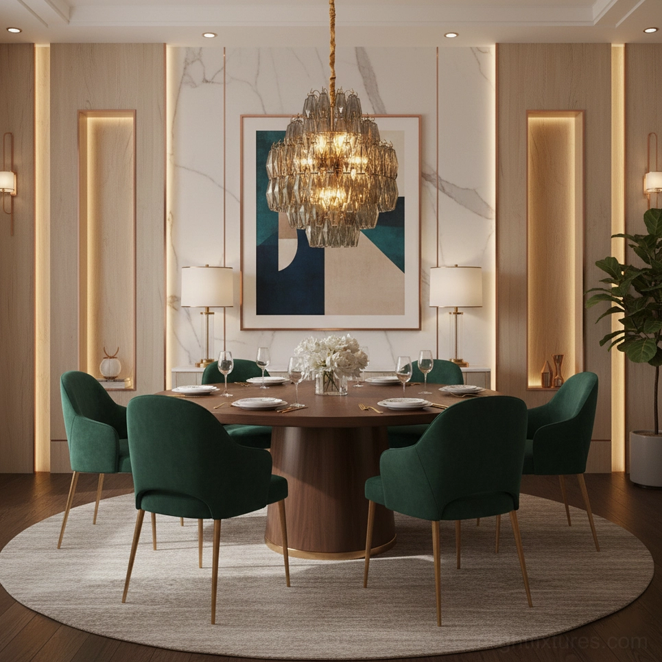 Contemporary tiered chandelier fixture with precision-cut glass prisms, close-up detail of faceted light refraction