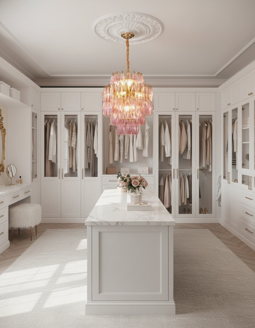 Kaelis tiered chandelier fixture, full composition view showing multi-layer glass prism arrangement