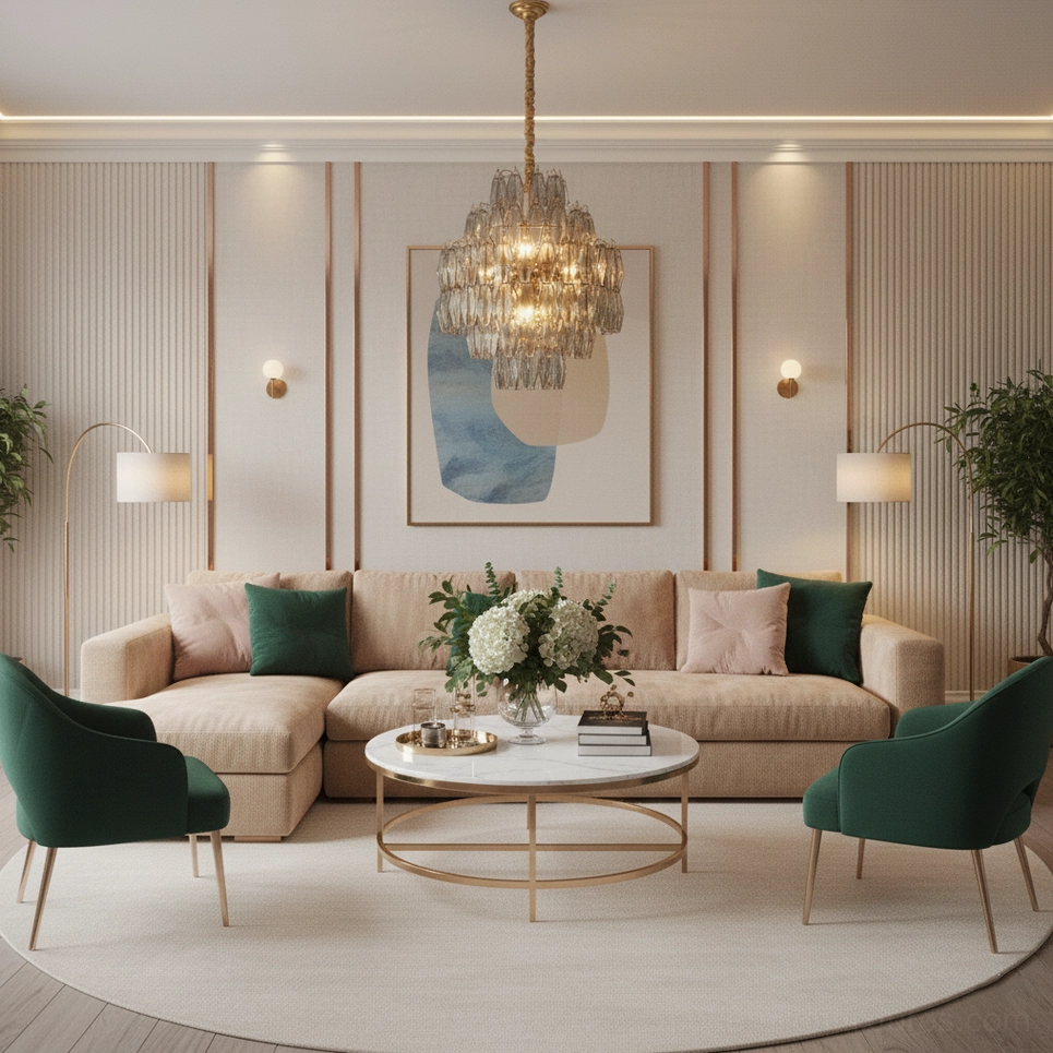 Kaelis tiered glass chandelier with faceted geometric prisms, architectural detail view of metal framework