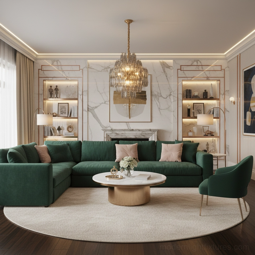 Modern tiered chandelier with faceted glass elements, complete suspension and fixture design view