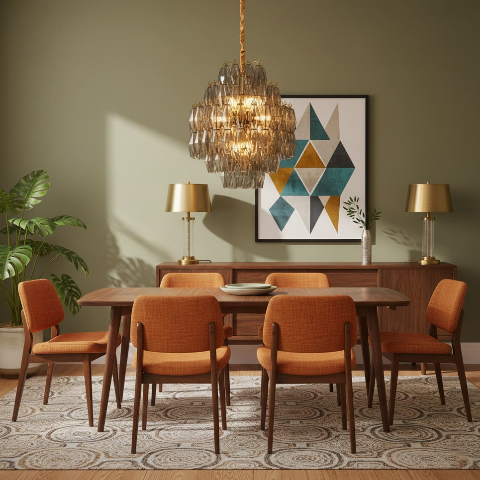 Kaelis modern tiered glass chandelier, overhead installation view showing layered prism composition