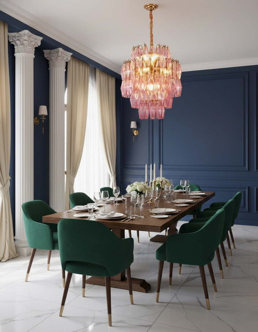 Blush pink tiered glass chandelier in formal dark blue dining room, luxe romantic glam design wide room view